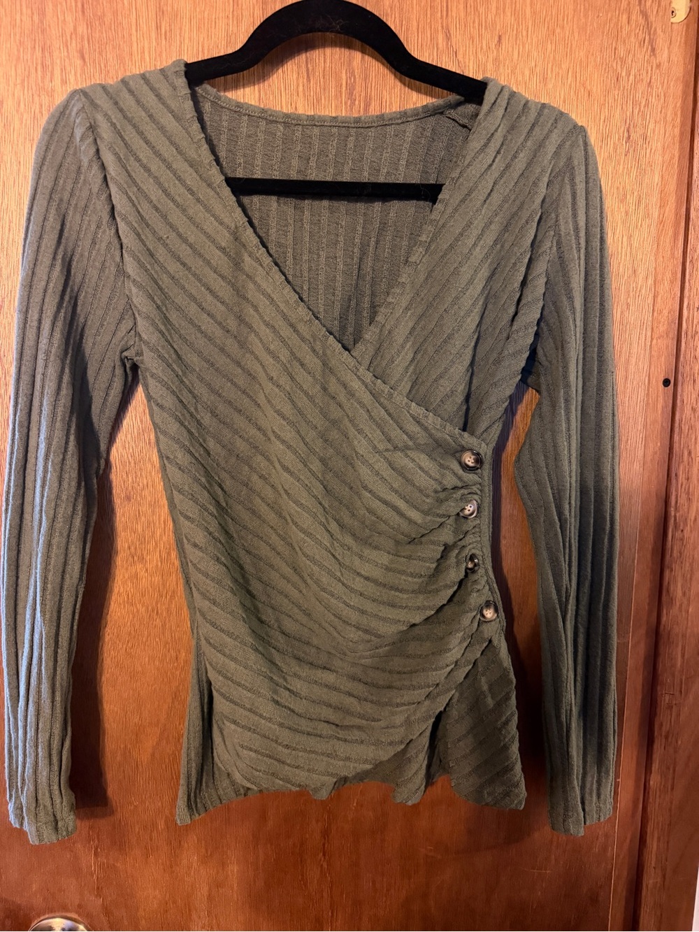 Olive Green Ribbed Wrap Long-Sleeve Top Size Small BNWOT